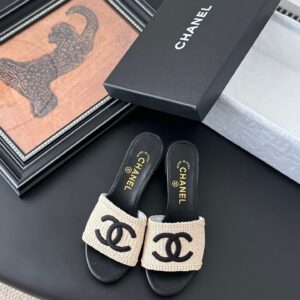 Chanel Women Beige Woven Fabric Black Leather Slides