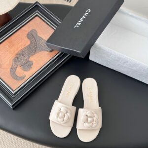 Chanel Women Cream Leather Flower Detail Slides