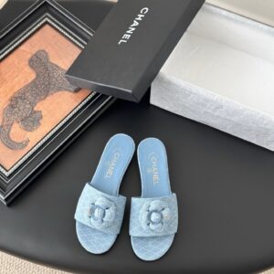 Chanel Women Light Blue Fabric Slides