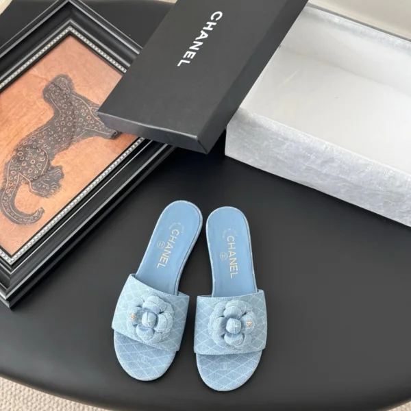 Chanel Women Light Blue Fabric Slides