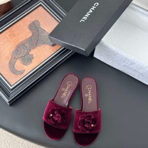 Chanel Women Burgundy Velvet Slides