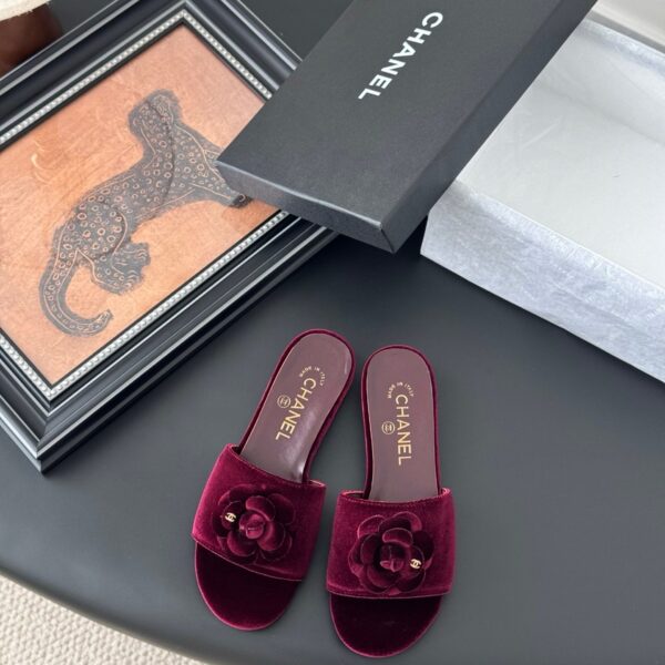 Chanel Women Burgundy Velvet Slides