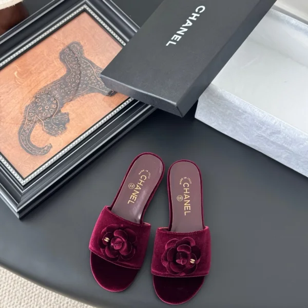 Chanel Women Burgundy Velvet Slides