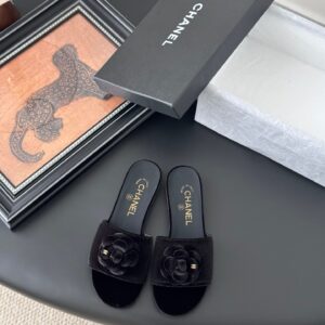 Chanel Women Black Velvet Flower Embellished Slides