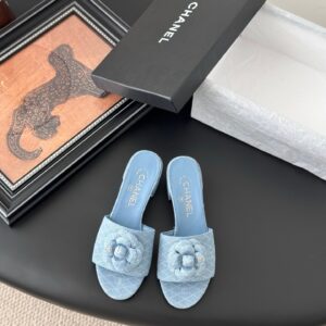 Chanel Women Light Blue Fabric Floral Slide Sandals