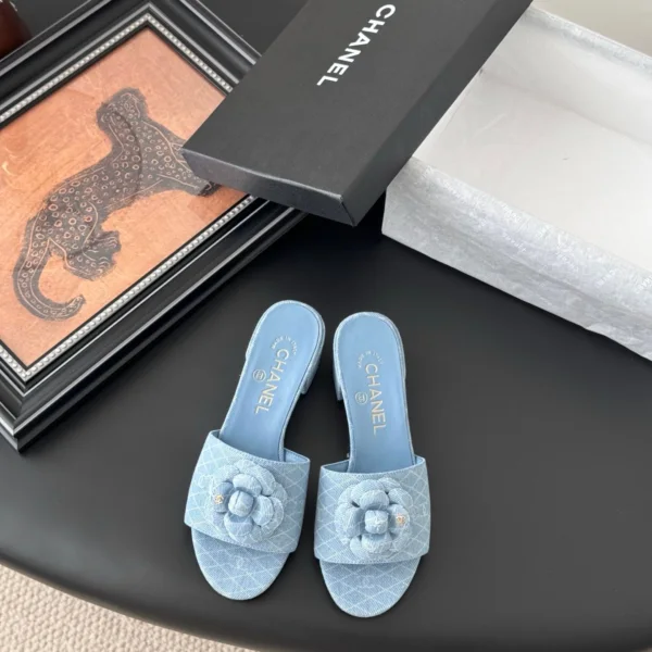 Chanel Women Light Blue Fabric Floral Slide Sandals