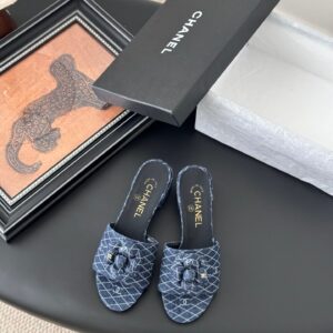 Chanel Women Blue Fabric Open Toe Mules