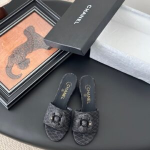Chanel Women Black Fabric Quilted Mules