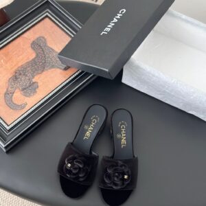 Chanel Women Black Velvet Flower Embellished Mules