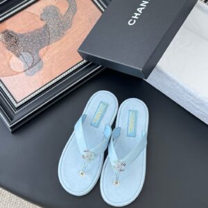 Chanel Women Light Blue Leather Embellished Sandals