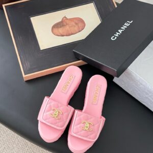 Chanel Women Pink Quilted Leather Slides