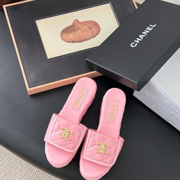 Chanel Women Pink Quilted Leather Slides