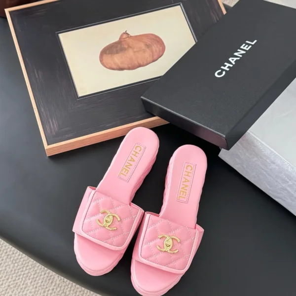 Chanel Women Pink Quilted Leather Slides