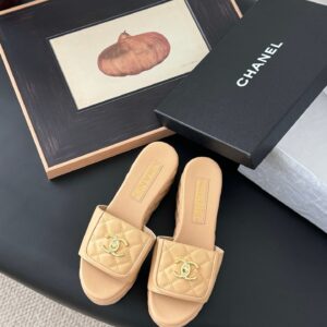 Chanel Women Beige Quilted Leather Slides