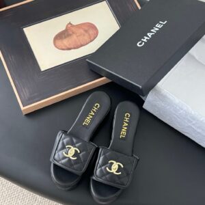 Chanel Women Black Quilted Leather Slides