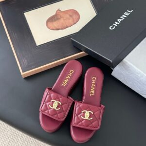 Chanel Women Burgundy Quilted Leather Slides
