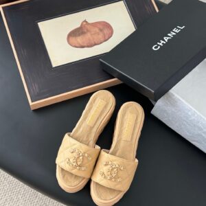 Chanel Women Beige Quilted Leather Slides