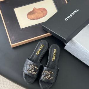 Chanel Women Black Leather Quilted Slides
