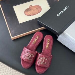 Chanel Women Burgundy Quilted Leather Slides