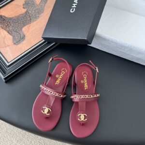 Chanel Women Burgundy Leather Sandals