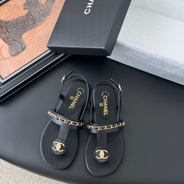 Chanel Women Black Leather Chain Detail Sandals