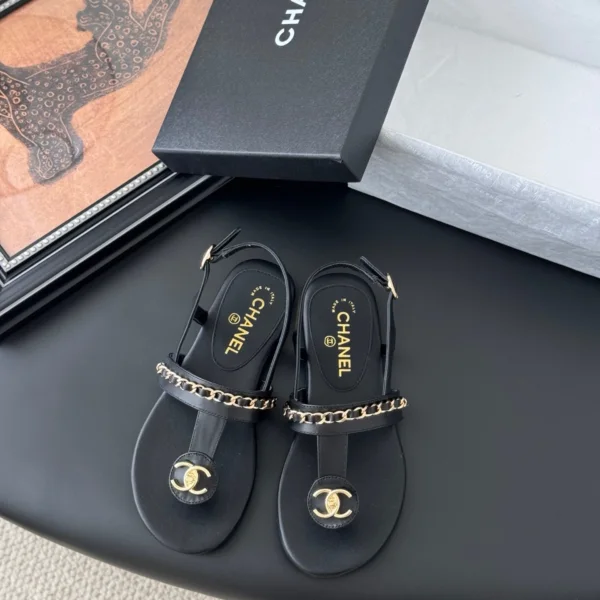 Chanel Women Black Leather Chain Detail Sandals