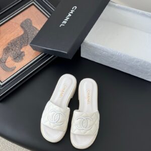 Chanel Women White Quilted Leather Slides