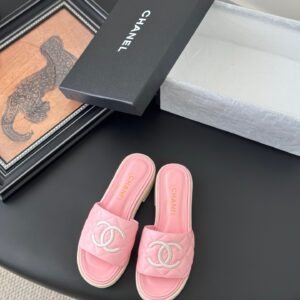 Chanel Women Pink Quilted Leather Slides