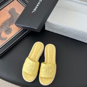 Chanel Women Yellow Quilted Leather Slides