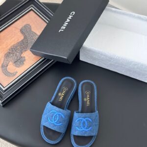 Chanel Women Blue Denim Slides