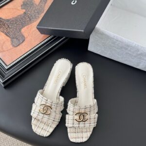 Chanel Women Cream Tweed Slides