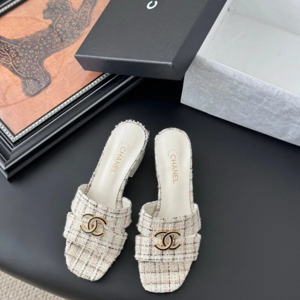 Chanel Women Cream Tweed Slides
