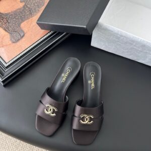 Chanel Women Dark Brown Satin Mules