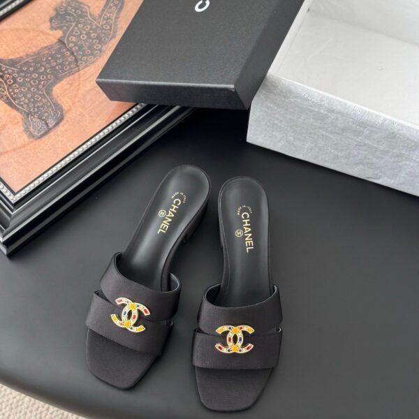 Chanel Women Black Fabric Mules With Embellishment