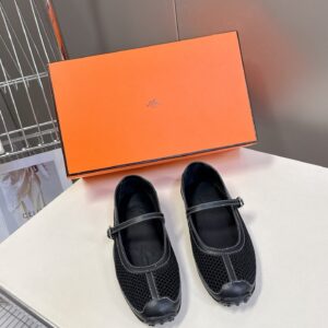 Hermes Women Black Mesh Leather Mary Janes
