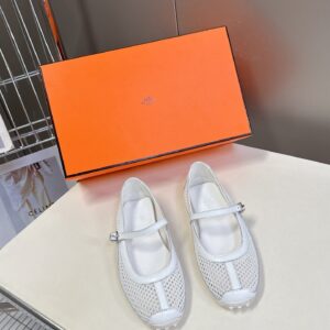 Hermes Women White Mesh Leather Mary Jane Flats