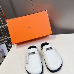 Hermes Women White Leather Mules