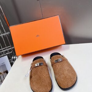 Hermes Women Brown Haircalf Leather Slippers