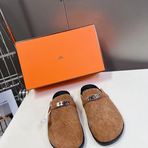 Hermes Women Brown Haircalf Leather Slippers