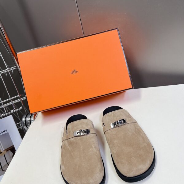 Hermes Women Beige Suede Mules