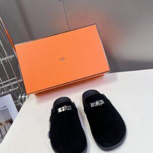Hermes Women Black Suede Leather Slippers