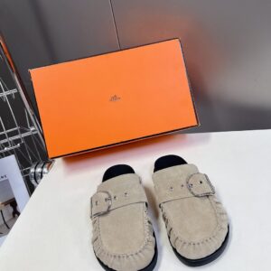 Hermes Women Beige Suede Buckle Mules
