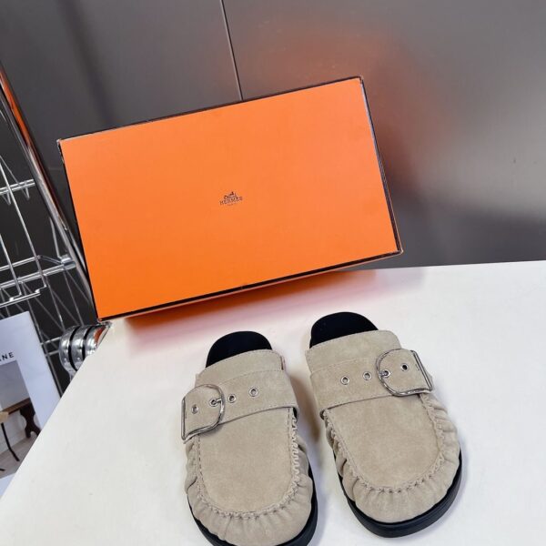 Hermes Women Beige Suede Buckle Mules