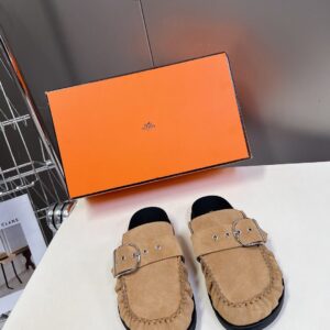 Hermes Women Beige Suede Buckle Mules