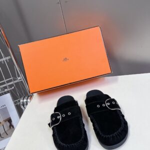 Hermes Women Black Suede Buckle Mules