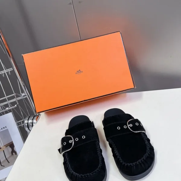Hermes Women Black Suede Buckle Mules