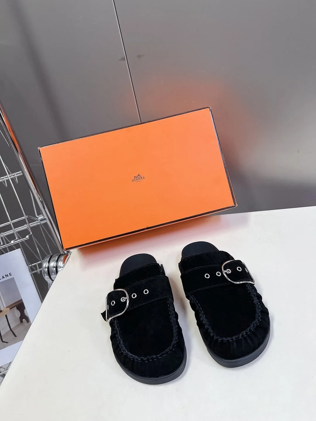 Hermes Women Black Suede Buckle Mules