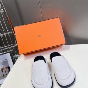 Hermes Women White Suede Leather Slippers