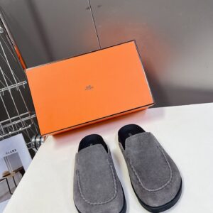 Hermes Women Gray Suede Slip-On Loafers