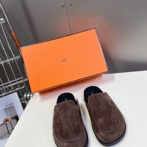 Hermes Women Brown Suede Slippers